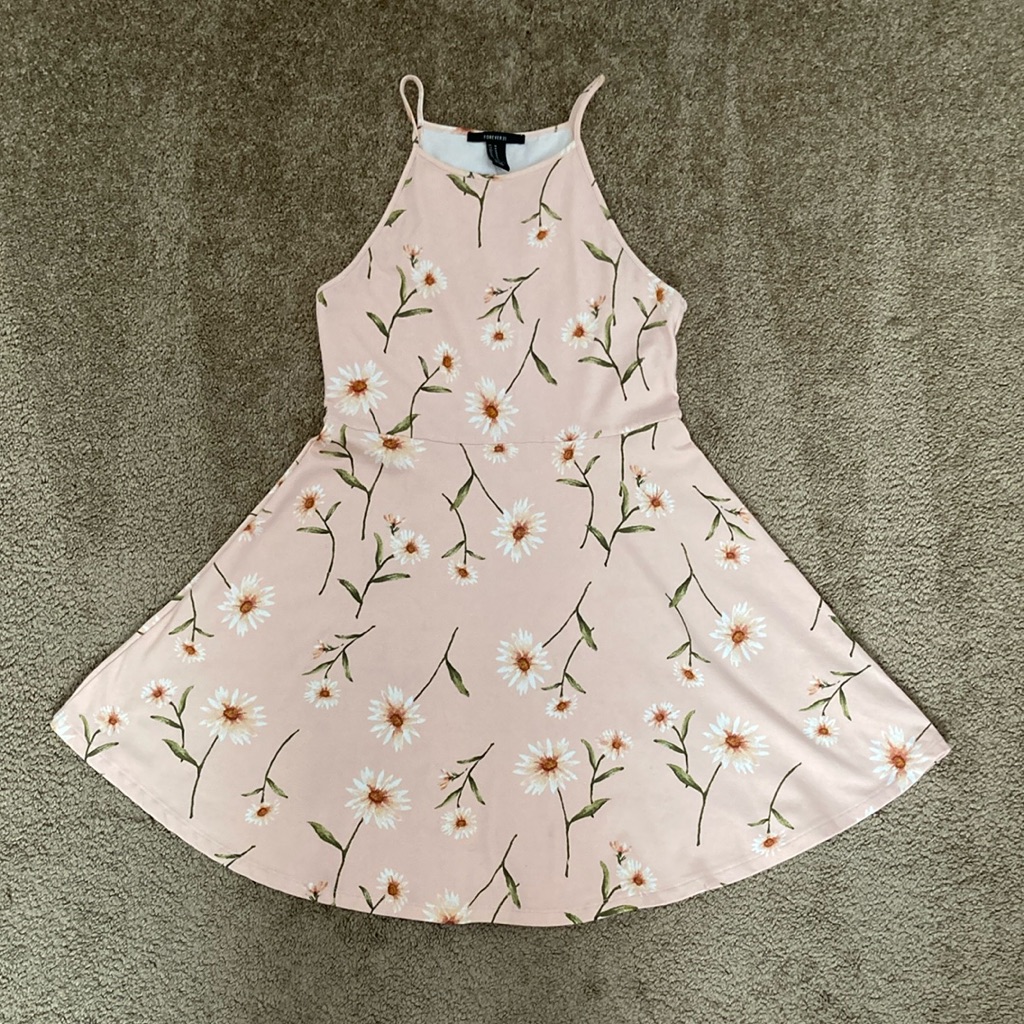 Forever 21 Blush Pink With White Floral Large Print Halter Dress, Medium